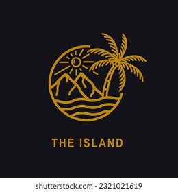 ocean wave tropical island and palm tree logo line art vector illustration