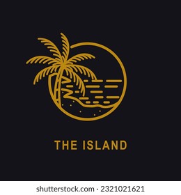 ocean wave tropical island and palm tree logo line art vector illustration