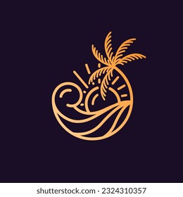 Ocean wave tropical island and palm tree logo line art vector illustration