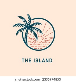 ocean wave tropical island and palm tree logo line art vector illustration