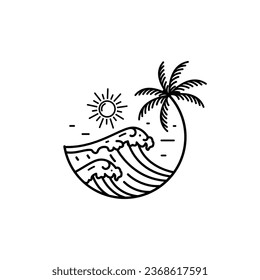 ocean wave tropical island and palm tree logo line art vector illustration