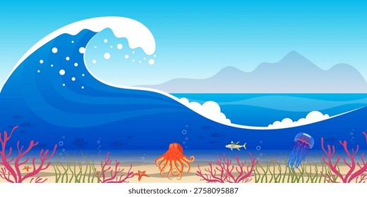 Ocean wave and underwater view of sea life coral reef and bubbles ascending through clear blue ocean waters vector illustration