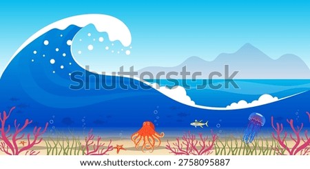 Ocean wave and underwater view of sea life coral reef and bubbles ascending through clear blue ocean waters vector illustration
