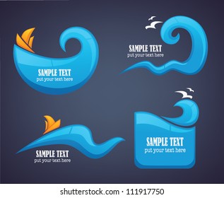 ocean wave, vector collection of stickers and labels on dark background