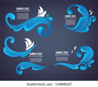 ocean wave, vector collection of stickers and labels on dark background