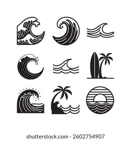 Ocean Wave Vector Icons Set – Surf, Beach, Tropical, Sunset