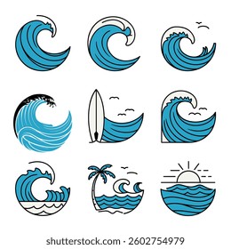 Ocean Wave Vector Icons Set – Surf, Beach, Tropical, Sunset