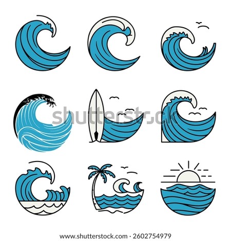 Ocean Wave Vector Icons Set – Surf, Beach, Tropical, Sunset