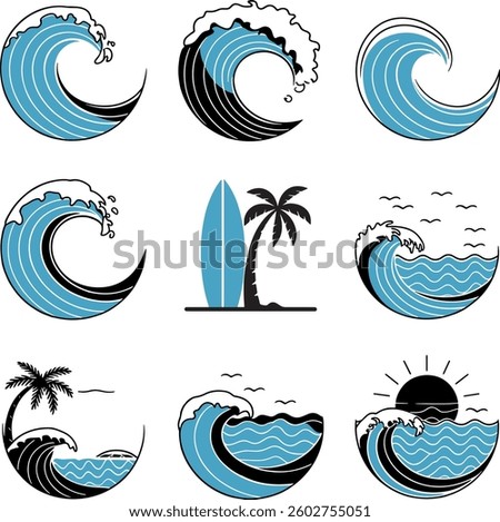 Ocean Wave Vector Icons Set – Surf, Beach, Tropical, Sunset