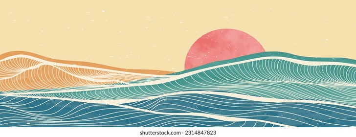 Ocean wave vector illustration. Creative minimalist modern art painting and line art pattern. Abstract contemporary aesthetic backgrounds landscapes. with sea, skyline, ocean wave