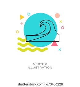 Ocean Wave Vector Line Logo Icon With Colorful Design Elements Memphis Styled In Background