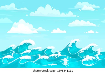 Ocean waves backdrop. Sea water, storm wave and aqua seamless cartoon vector background illustration