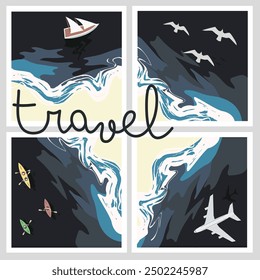 Ocean waves from a bird's eye view. Top view of the sea. Shoreline. Travel concept. EPS 10.
