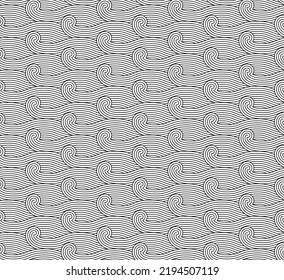 Ocean waves black and white  seamless pattern. Organic shapes wavy vector background. Vector seamless nautical sea landscape background. Japanese wave ornament. Adult coloring book page illustration.