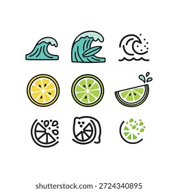 Ocean Waves and Citrus Fruit Icon Set