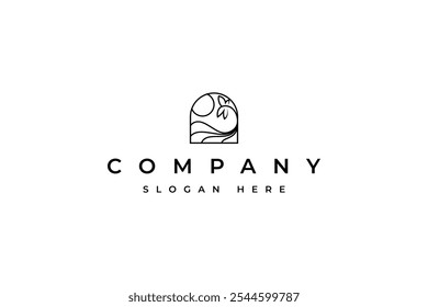 ocean waves with coconut trees with line art illustration logo design style