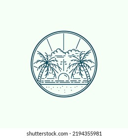 ocean waves, coconut trees and sun shining monoline design beach badge