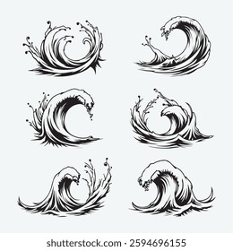 Ocean waves collection, hand drawn sea storm waves and water elements set