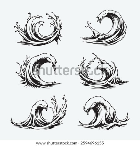 Ocean waves collection, hand drawn sea storm waves and water elements set