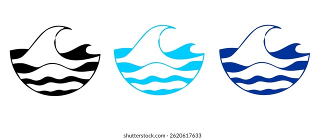 Ocean waves collection. Sea storm wave isolated. Waves, water elements set. Nature wave water storm linear style illustration