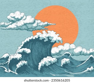 Ocean waves color drawing. Marine storms giant wave spills sea surface eastern vintage sketch, nature blue cartoon retro design storm weather graphic, vector illustration