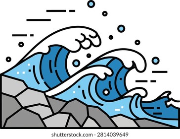 Ocean Waves Crashing on Rocks Vector Illustration