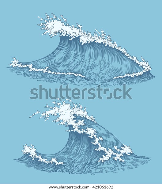 Ocean Waves Design Set Hand Drawn Stock Vector (Royalty Free) 421061692 ...