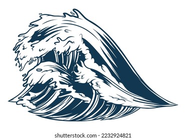 Ocean waves detailed monochrome emblem raged during offshore hurricane or strong wind and storm over water vector illustration