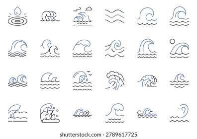 Ocean Waves Flat Line Icons Set Sea Wave, Water Ripple, Surf, Tide, Ocean Current, Splash Editable Stroke Vector Illustration