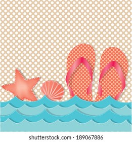 Ocean waves with flip flops or sandals, polka dot background, vector format