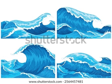 Ocean waves with foam on crest. Four scenes of blue sea splash water, marine sea storm element, isolated on white background. Vector illustration