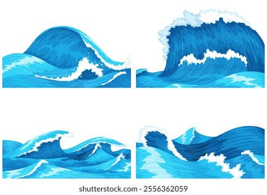 Ocean waves. Four scenes of blue sea or ocean waves with spray, foam on crest. Splash water, marine sea storm element, vector illustration