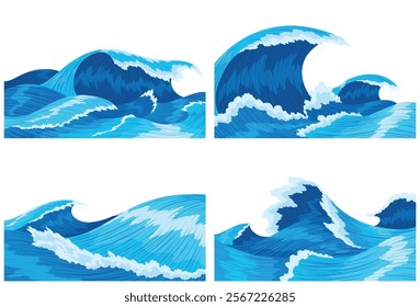 Ocean waves. Four scenes of blue sea or ocean waves with spray, foam on crest. Splash water, marine sea storm element, vector illustration