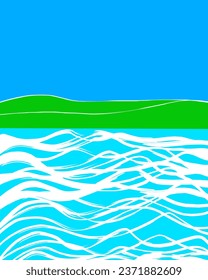 Ocean waves, green land, and clear blue sky. Abstract minimalist artwork, hand drawn print vector design.