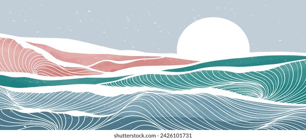 Ocean waves illustrations. Creative minimalist modern paint and line art print. Abstract contemporary aesthetic backgrounds landscapes. with sea, skyline, wave