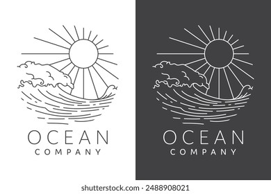 Ocean waves line art circular logo with shining sun in the center