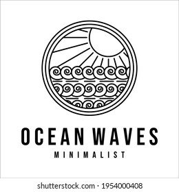 ocean waves line art logo vector illustration template design. sea wave with sun badge icon creative design