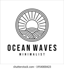 ocean waves line art logo vector illustration template design. sea wave with sun badge icon creative design