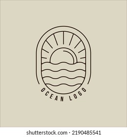 ocean waves line art logo vector simple minimalist illustration template icon graphic design. sea wave with sunset sign or symbol for travel company with typography and badge