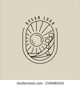 ocean waves line art logo vector simple minimalist illustration template icon graphic design. sea wave with sunset sign or symbol for travel company with typography and badge