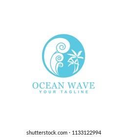 ocean waves logo design, waves circular vector design and palm trees