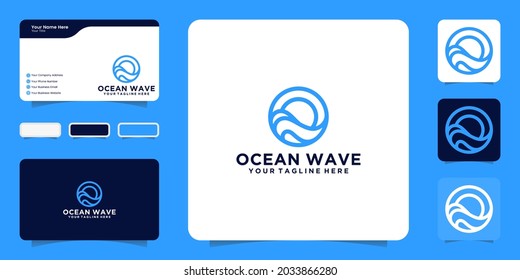 ocean waves logo design inspiration with line art style and business card inspiration