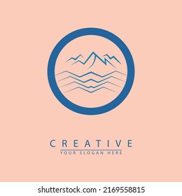 Ocean Waves Logo Design Template with blue color mountains in a circle.