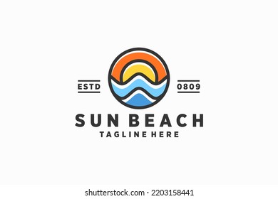 ocean waves logo with sun sign in vintage style