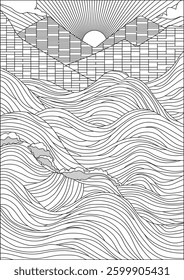 Ocean Waves Mountain Coloring Page For Adult