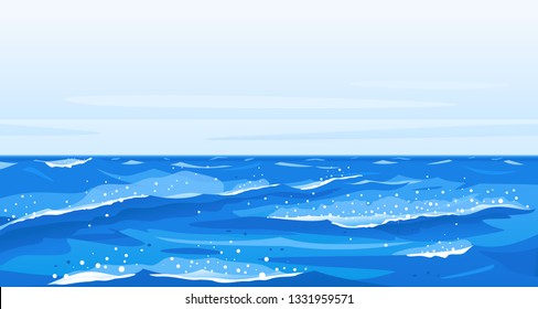 Ocean waves nature background illustration, sea waves in windy cool weather with splashes and foam, panorama of open deep sea ocean, storm waves in world ocean