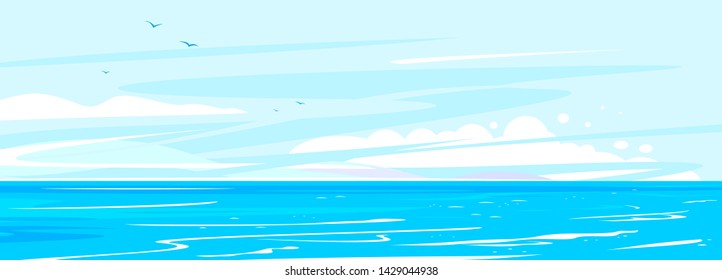 Ocean waves nature background illustration, sea waves in calm sunny weather with splashes and foam, panorama of open deep sea ocean with flying birds on sky