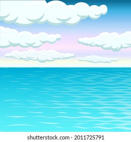 Ocean waves nature background illustration, sea waves in calm sunny weather, clouds in the sky, open deep sea ocean panorama