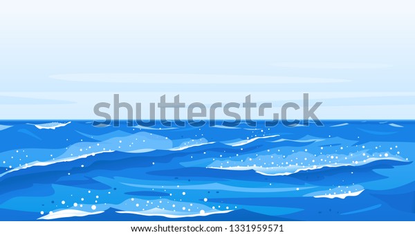 海の波の自然の背景イラスト 風の強い涼しい天候の海波と水しぶきと泡 広い深海のパノラマ 世界の海の嵐の波 のベクター画像素材 ロイヤリティフリー