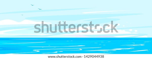 海の波の自然の背景イラスト 晴れやかな天気の海波と水しぶきと泡 空に飛ぶ鳥が乗る広い海のパノラマ のベクター画像素材 ロイヤリティフリー
